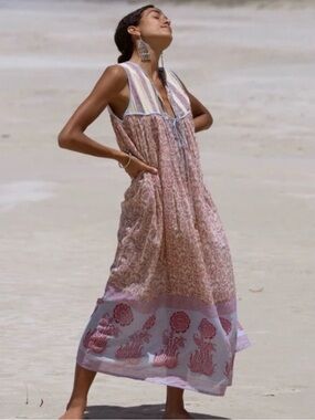 Daughters of India Aahna Dress Block Printed Cotton Boho Size S